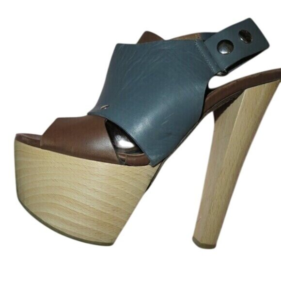 Marni Italian Leather Color Block Wooden Heeled Platform Slingback Studded Heels - Picture 10 of 14